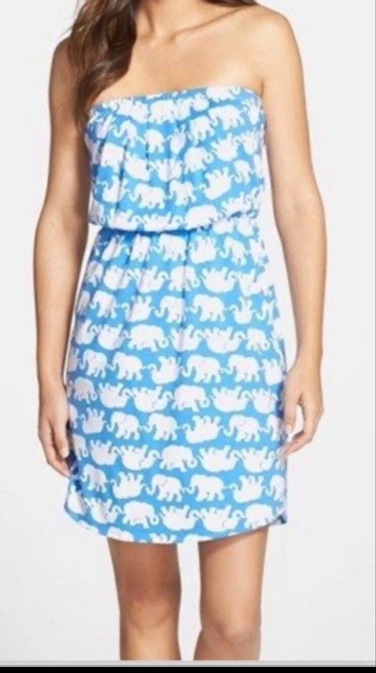 Lilly Pulitzer Windsor blue white elephant print strapless Dress Tusk in the Sun